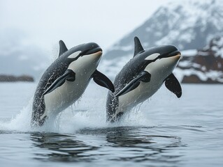 Obraz premium Two Orcas Leaping Out of the Water
