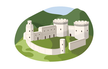 Medieval fortress with stone walls, towers. Ancient castle in green mountain landscape. Chateau, royal stronghold, fort. Old kingdom city with buildings. Flat isolated vector illustration on white © Paper Trident