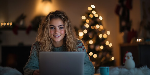 Photo of young smiling curly blonde woman sitting in front of laptop at table at home, blurred background with christmas tree, working on computer, online gift shopping, internet, new year