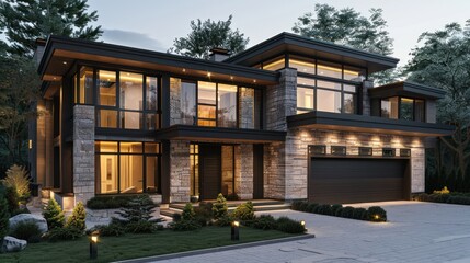 Fototapeta premium Modern Stone and Wood House with Evening Lighting