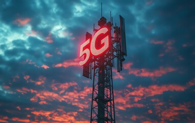 Telecommunication tower with 5G base station receiver, emphasizing network connections and modern communication technology, realistic and detailed