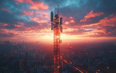 Telecommunication tower with 5G base station receiver, emphasizing network connections and modern communication technology, realistic and detailed