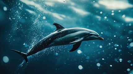 Fototapeta premium Close-up of a dolphin diving underwater with bubbles. Clear space for text in the surrounding blue.