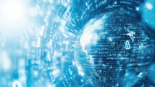 Cybersecurity lock icons surrounding a globe on a binary code background. Copy space in the sky.
