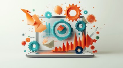 Fototapeta premium A laptop with colorful charts and gears emerging from the screen.