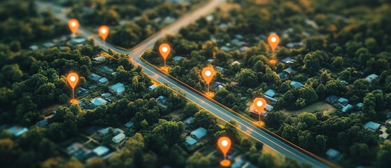 Detailed aerial view showing land plots with location markers and connecting lines, representing accurate property mapping, highresolution and vivid