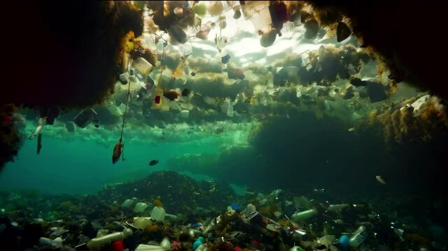 Environmental disaster concept. Plastic Island or Great Pacific Garbage Patch or Pacific Trash Vortex, consisting mainly of plastic, light metals and organic residues