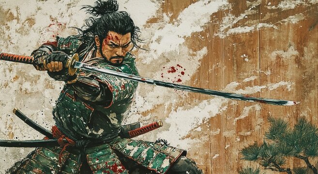 
A Japanese warrior holding his sword in an oil painting