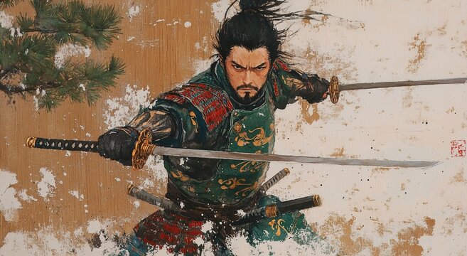 
A Japanese warrior holding his sword in an oil painting