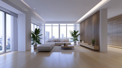 A spacious contemporary living room featuring a large empty wall, illuminated by abundant natural light streaming in through oversized windows. 
