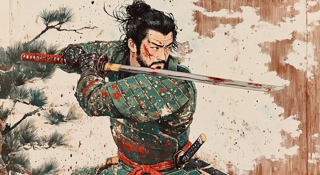
A Japanese warrior holding his sword in an oil painting