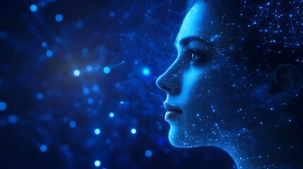 Complex digital network illuminating face of futuristic woman in artwork