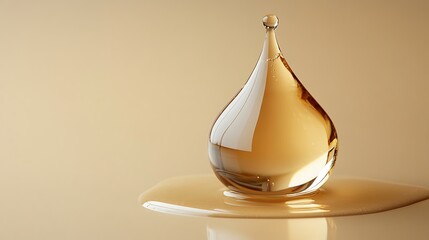Fototapeta premium A single, large drop of golden liquid stands tall on a pool of the same liquid, reflecting the light on a light brown background.