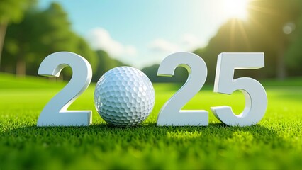 Golf ball with white letter 2025 on a golf field background, 2025 new year sport concept. 
