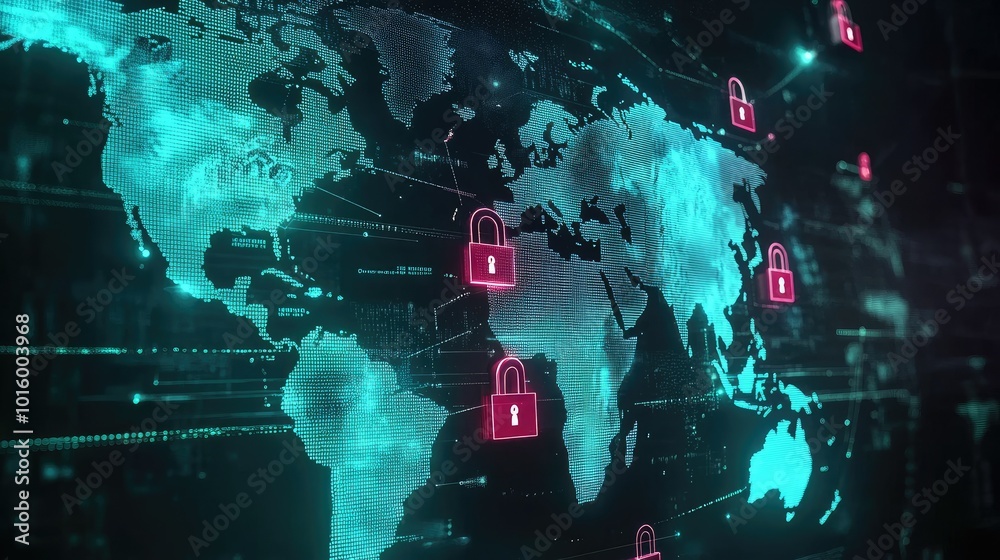Poster futuristic digital world map with padlock icons hovering over it. ample space for copy.