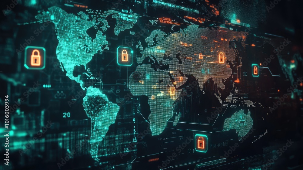 Poster futuristic digital world map with padlock icons hovering over it. ample space for copy.