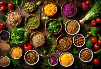 vibrant dog food bowls surrounded fresh ingredients like herbs wooden surface, pet, meal, dish, vegetable, carrot, broccoli, spinach, grain, rice, quinoa