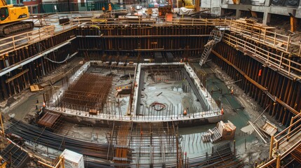 Construction Site with Rebar and Concrete Foundation