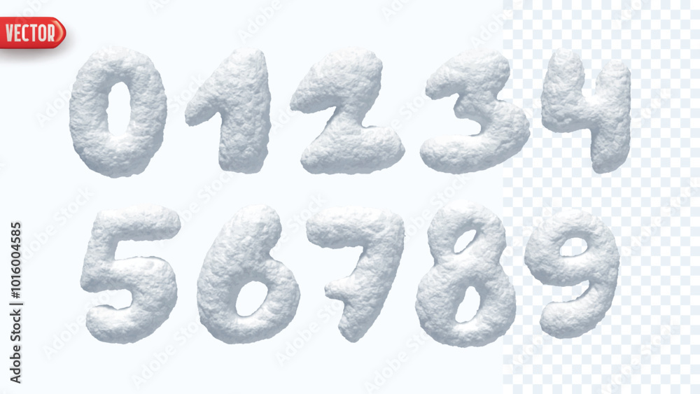 Poster Winter Snow numbers realistic 3d design isolated on background. Set of numbers from 0 to 9 made from snowy white texture. vector illustration