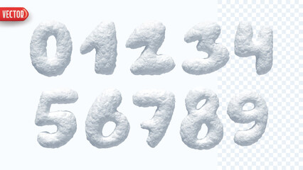 Winter Snow numbers realistic 3d design isolated on background. Set of numbers from 0 to 9 made from snowy white texture. vector illustration