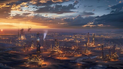 Fototapeta premium Illuminated Refinery Complex at Sunset with Extensive Piping and Structures