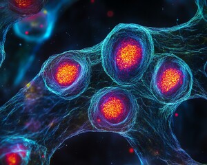 Highresolution microscopic view of apoptotic cells with bright red centers, representing cell death processes, vibrant and clear
