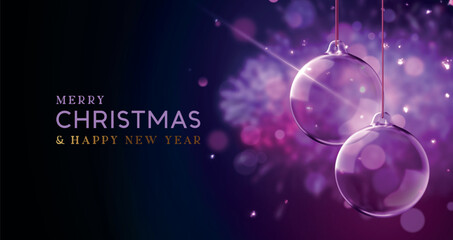 Merry Christmas and Happy New Year banner. Christmas realistic 3d transparent ornament of two glass baubles hanging on ribbon and glowing bokeh lights on bright purple background. Vector illustration