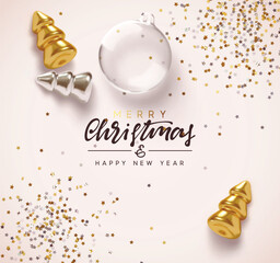 Merry Christmas and Happy New Year background. Realistic 3d gold silver Christmas tree, glass ornament with star confetti. Greeting card, Xmas brochure, cover for invitation flyer. Vector illustration