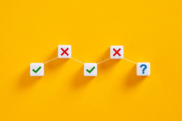 Question mark and check and cross marks forming chart on yellow background