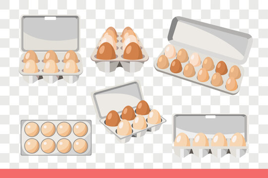 Trays with eggs, viewed from different angles, for design of display for store selling natural farm products produced in poultry farms. Fresh eggs inside paper or recycled trash trays.