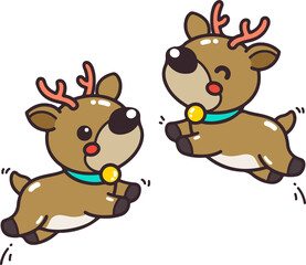 Cute cartoon of two reindeer jumping and playing cheerfully in flat color. Hand-drawn and isolated vector illustrations, perfect for holiday designs and festive projects.