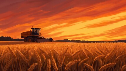 Fototapeta premium A breathtaking scene of golden barley fields being harvested by large machinery at dusk.