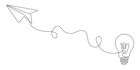 A paper airplane stretches from the lamp. Stylish and creative illustration with silhouettes of an airplane and a lamp.