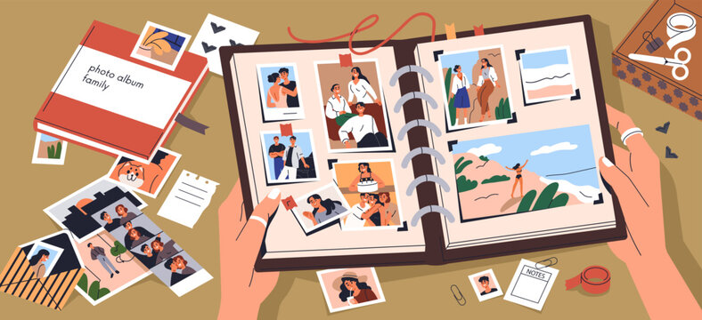 Photo album in hand. Open DIY scrapbook with photographs, capturing memories and moments. Organizing personal pictures, designing photography archive, journal, diary. Flat vector illustration
