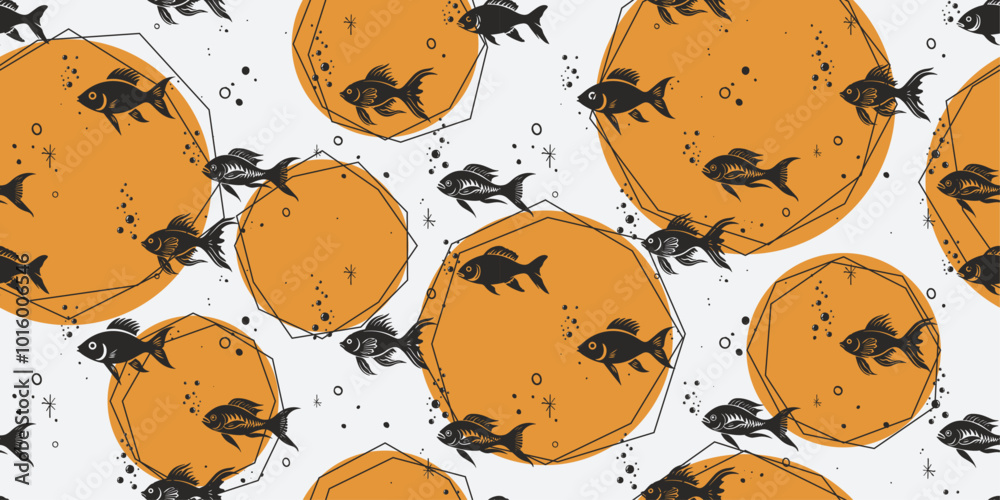 Poster Abstract background with silhouettes of stylish fish. Endless pattern with original fish.