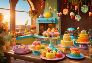 Fototapeta premium colorful gravity defying treats artistically arranged brightly colored kitchen outdoors playful dishware whimsical accents, cake, pastry, dessert, sweet