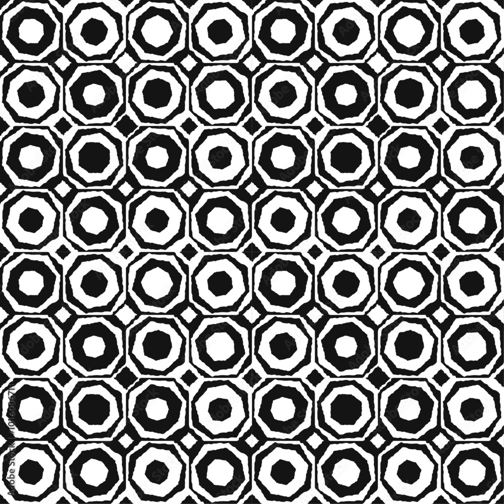 Poster Checkerboard pattern with alternating black and white tiles. Black and white seamless pattern with rings inside the cells.