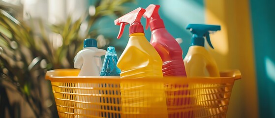 Detailed image of a basket filled with cleaning products like spray bottles and detergent, representing cleanliness and organizational efficiency, realistic and clear