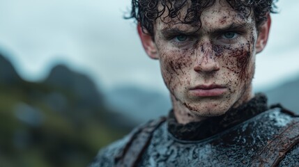 Rugged and determined young man with dirt and grime on his face