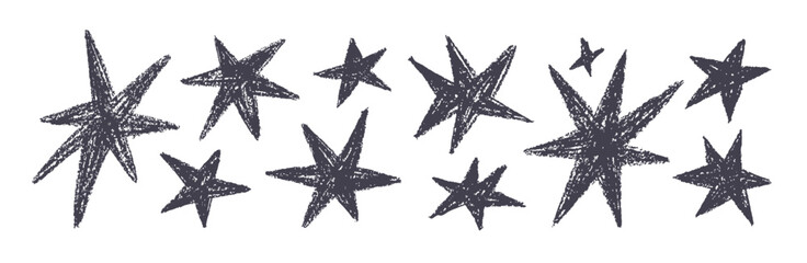 Stars set, crayon and chalk textured doodles. Simple pencil scribbled drawings, sparkles with oil pastel wax strokes in kids style. Hand-drawn vector illustration isolated on white background