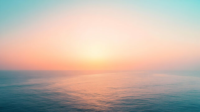 Serene pastel-colored ocean horizon at sunrise, with soft gradient skies meeting the calm water in a peaceful scene. Generative AI