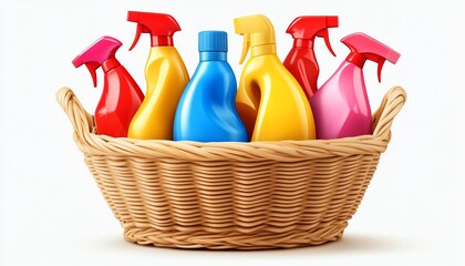 Highquality image of a basket filled with cleaning products, such as spray bottles and detergent, symbolizing neatness and organizational order, realistic