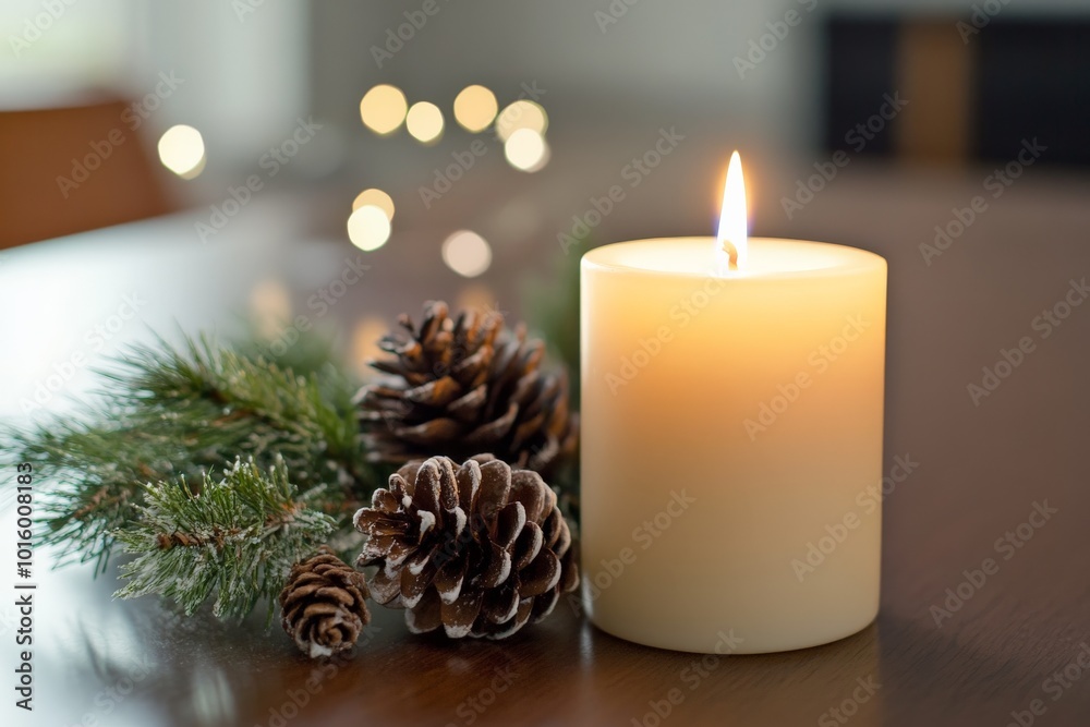 Aufkleber a warm candle sits on a wooden table surrounded by frosted pinecones and greenery, creating a cozy, 