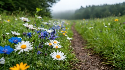Vibrant wildflower meadow with path