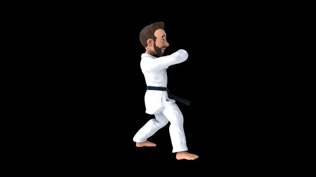 Fun 3D cartoon karateka doing a jodan age uke (with alpha channel)
