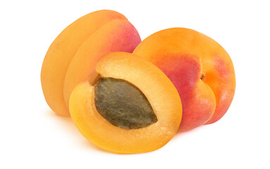 Apricots on isolated white background. Slice with pit and whole