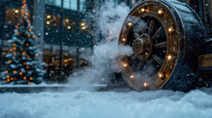 Vintage steam locomotive in snowy winter landscape