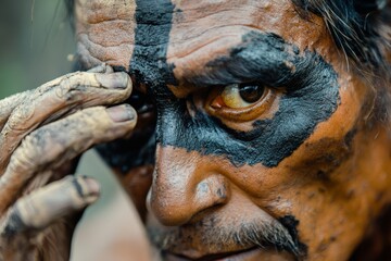 Obraz premium A man with striking tribal face paint gazes intently, highlighting cultural expression, tradition, and the deeply personal connection to ancestral roots.