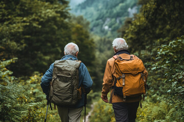 Fototapeta premium Two athletic elderly pensioners walk forward through the green nature of a forest park. Nordic walking poles. Generated by artificial intelligence