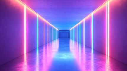 A long, narrow hallway lined with colorful neon lights casts a vibrant glow on the polished concrete floor.